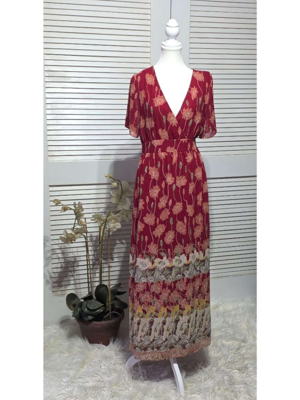 Madewell Women's Red Tall Sunflowers Tulip Sleeve Maxi Lined Dress Size 12 3857